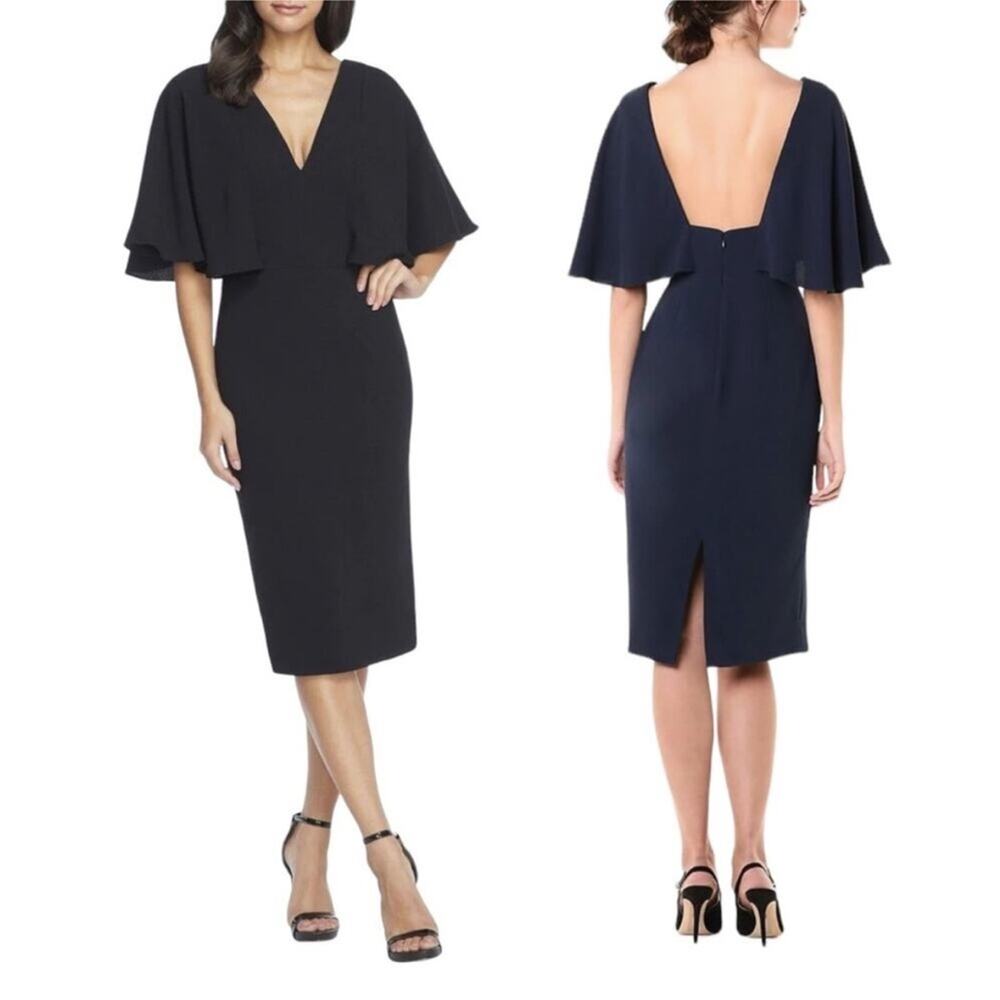 NWOT Dress the Poplulation Louisa Black Flutter sleeve open back Dress S LBD